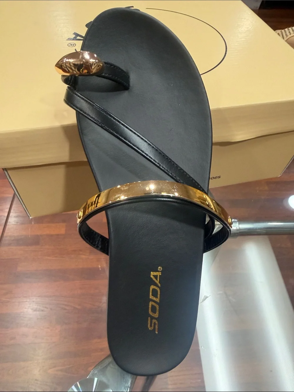 SODA Black Slide Sandal with Gold Accent